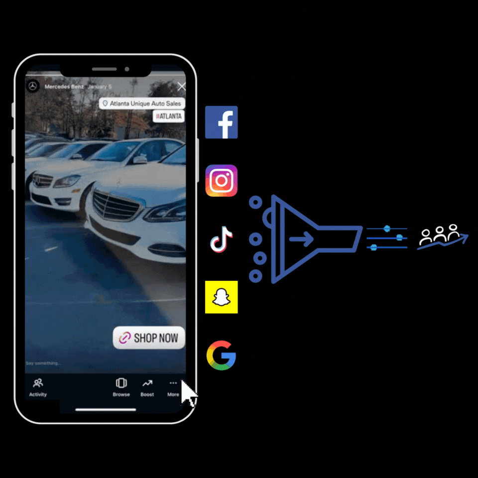 Atlanta Unique Auto Sales — short-form video creative distributed across Facebook, Instagram, TikTok, Snapchat, and Google